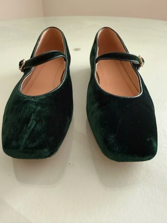 J.Crew Green Velvet Mary Jane Flats Square Toe Size 7 - Picture 2 of 7